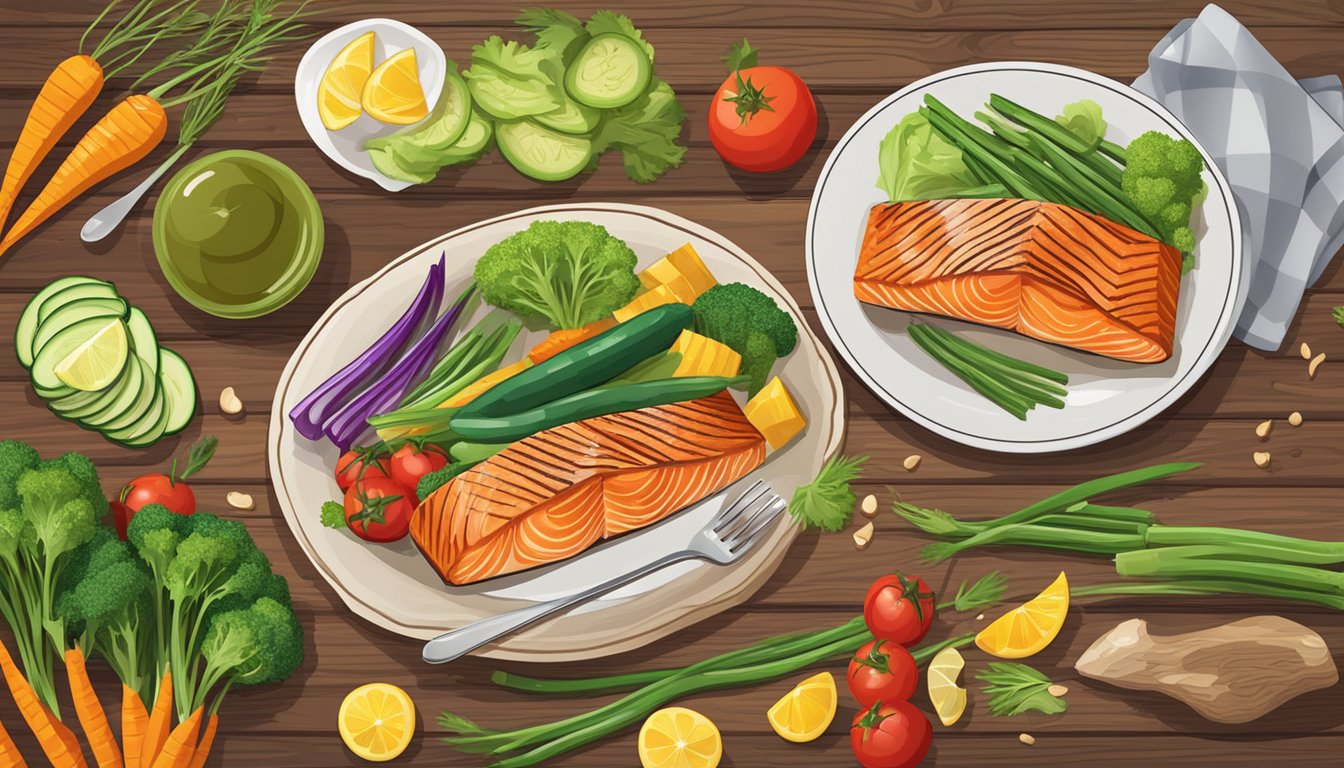 A plate of grilled salmon surrounded by colorful vegetables on a wooden table