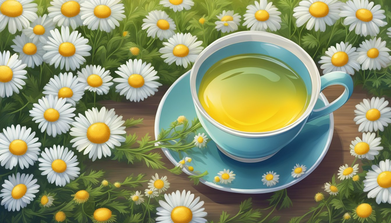 A soothing cup of chamomile tea surrounded by blooming chamomile flowers and a calm, peaceful atmosphere