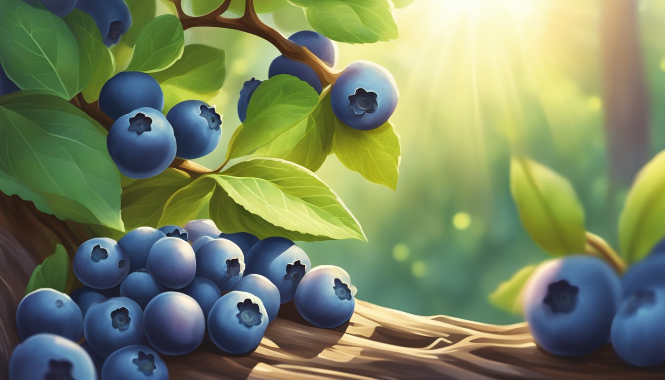 A serene blueberry bush surrounded by calming nature, with rays of sunlight gently illuminating the ripe, juicy berries