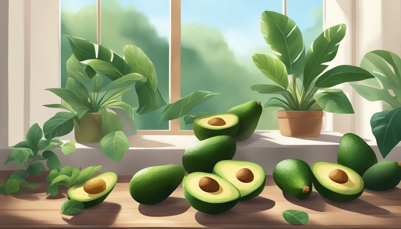 A serene setting with a pile of avocados surrounded by calming elements like plants and natural light