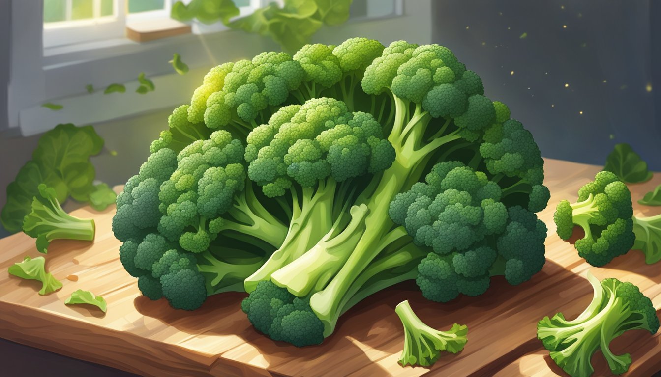 A pile of vibrant broccoli sits on a wooden cutting board, surrounded by scattered leaves and stems. Sunlight streams in through a nearby window, casting a warm glow on the vegetables