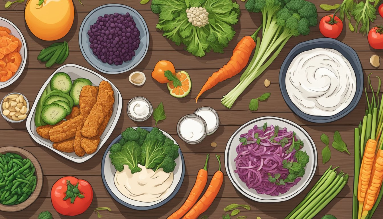 A colorful array of tempeh, kimchi, miso, and yogurt on a wooden table, surrounded by fresh vegetables and fruits