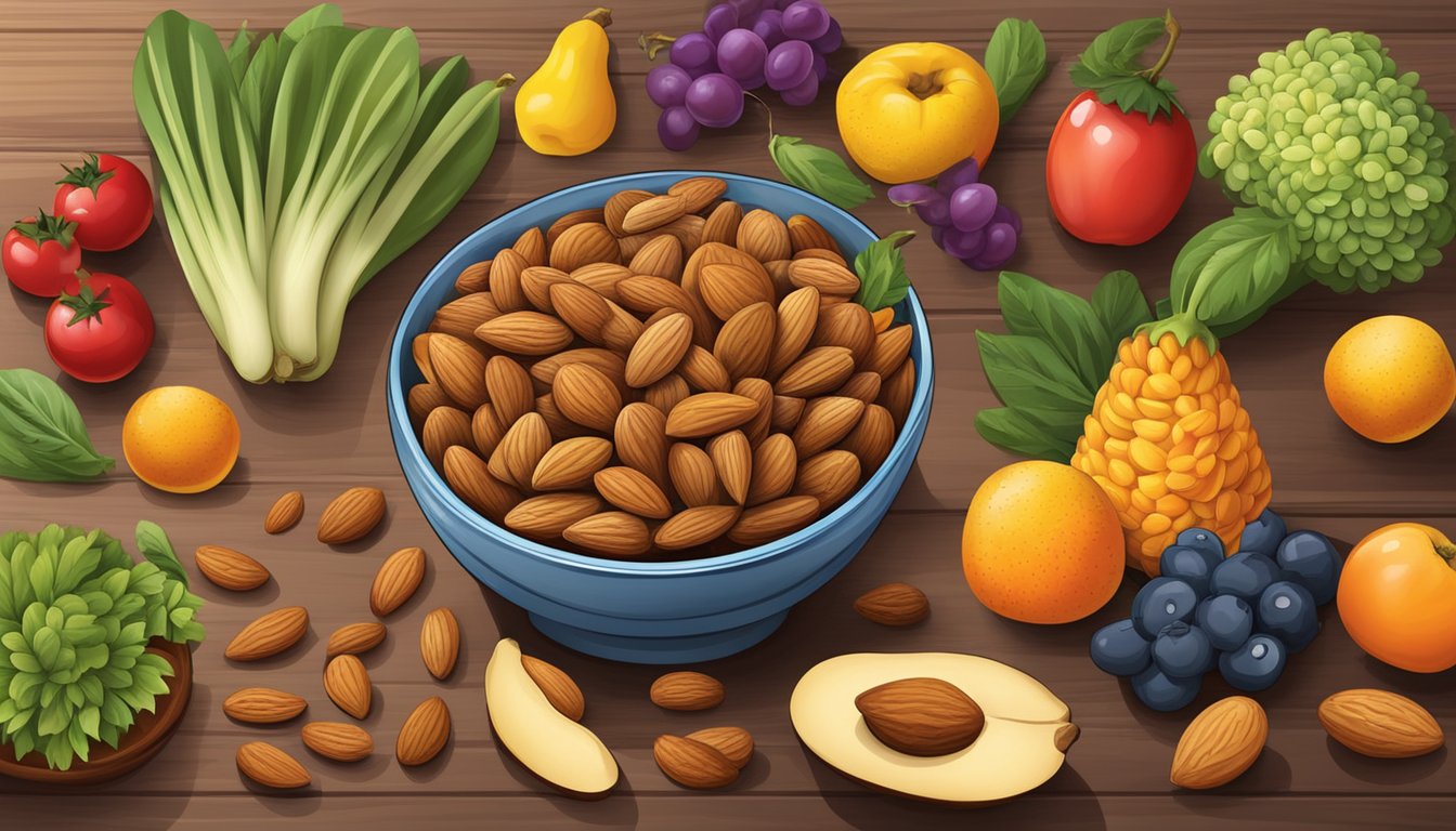 A bowl of almonds surrounded by a variety of colorful fruits and vegetables on a wooden table