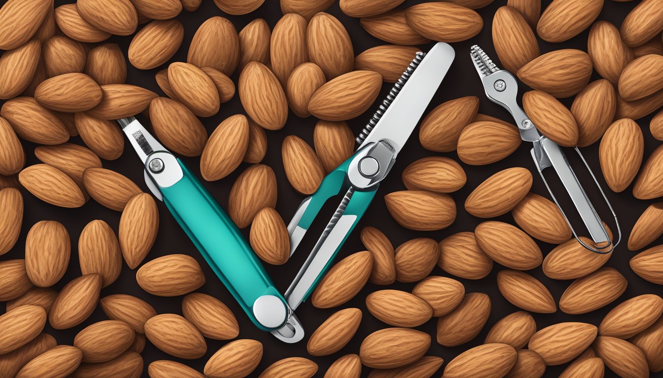 A pile of almonds surrounded by nail clippers, files, and polish