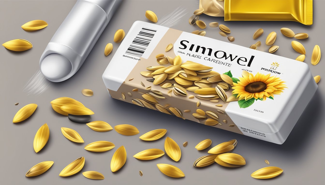 A pile of sunflower seeds scattered around a nail care kit, with a focus on the seeds