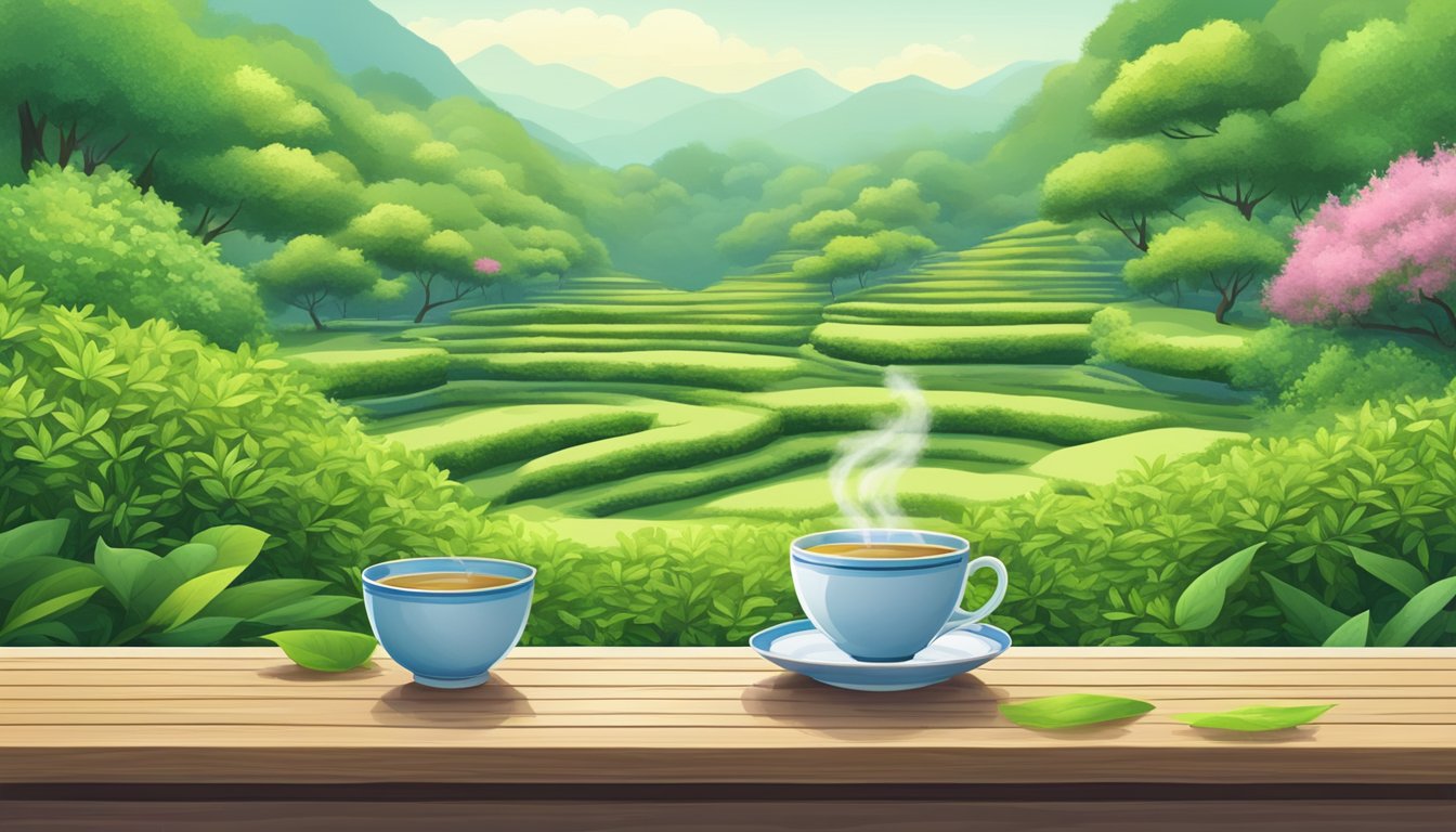 A serene, green tea garden with lush foliage and a steaming cup of tea on a wooden table