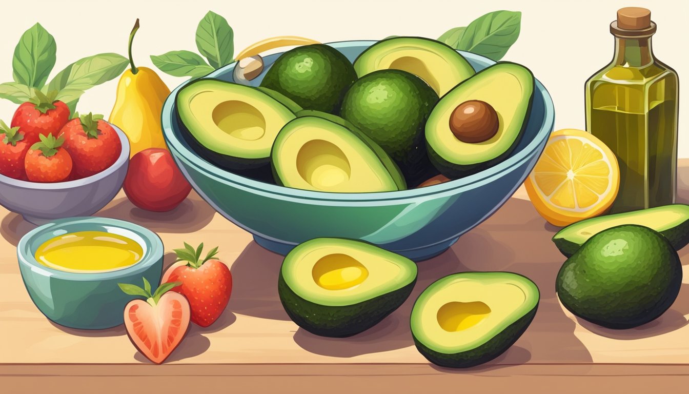 A bowl of sliced avocados with a heart-shaped container of olive oil, surrounded by various fruits and vegetables