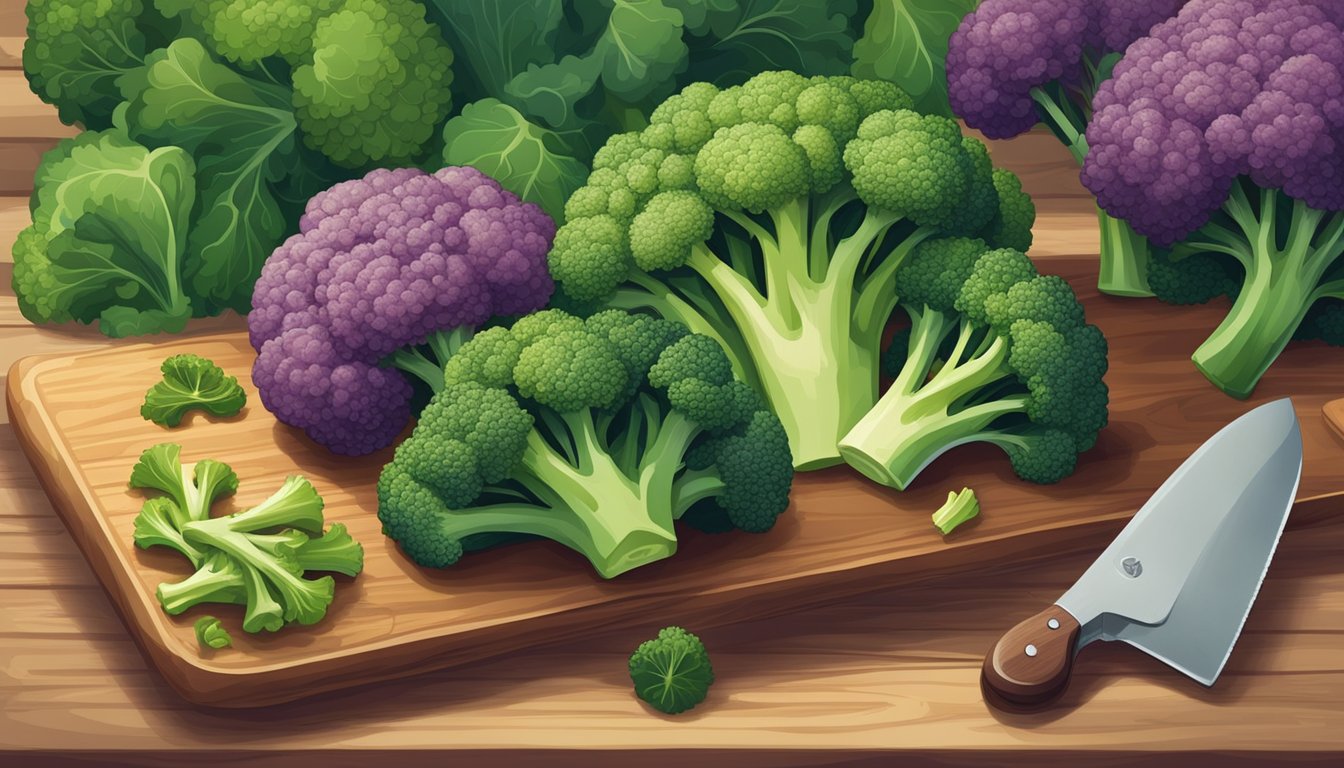 A colorful assortment of broccoli arranged on a wooden cutting board, with a knife nearby