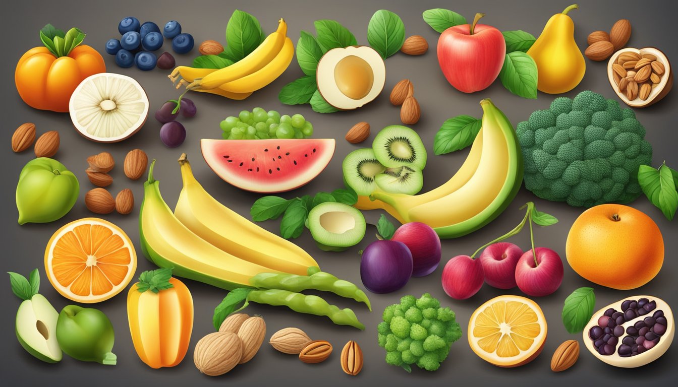 A variety of fruits, vegetables, and nuts arranged on a table, with a focus on foods known to support skin health and reduce the appearance of cellulite