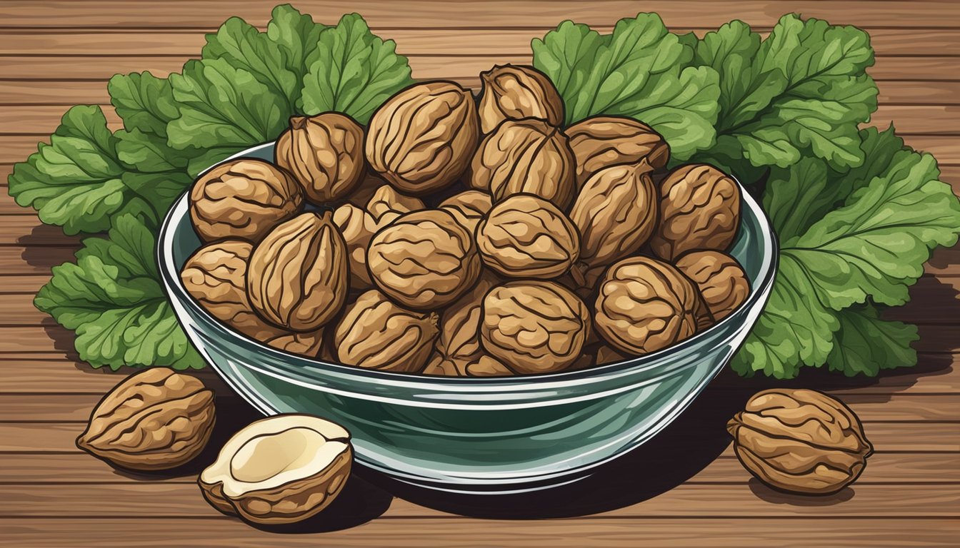 A bowl of walnuts surrounded by green leafy vegetables and a glass of water on a wooden table