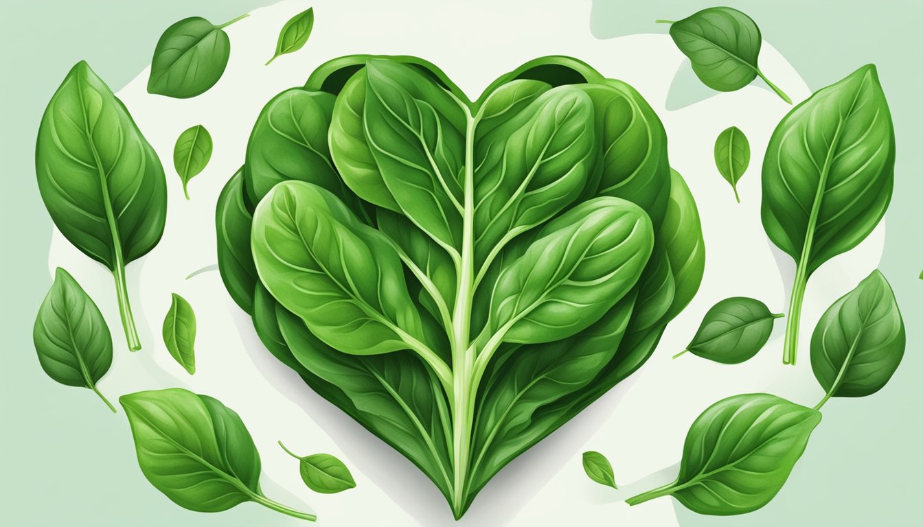 Fresh spinach leaves arranged around a heart symbol, with a blood vessel running through the center