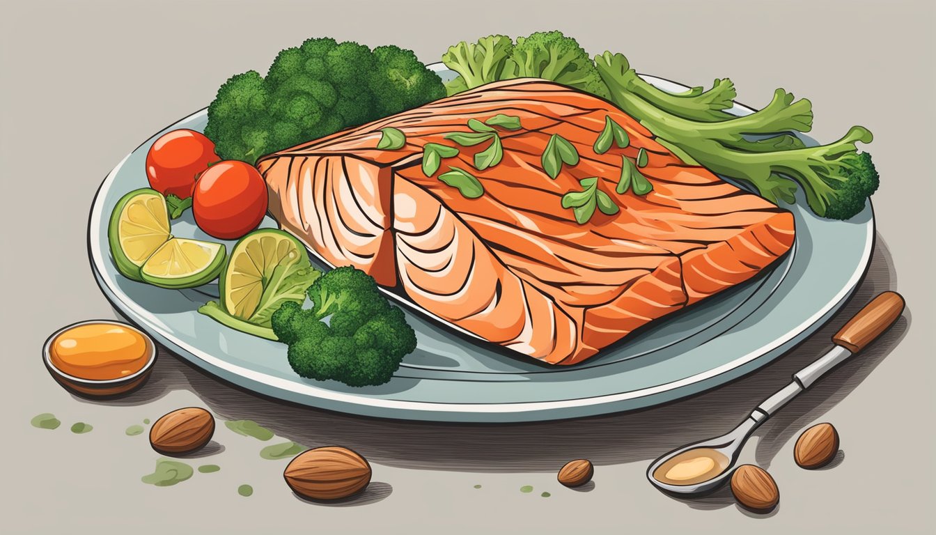 A plate of grilled salmon surrounded by prostate-healthy foods like tomatoes, broccoli, and nuts