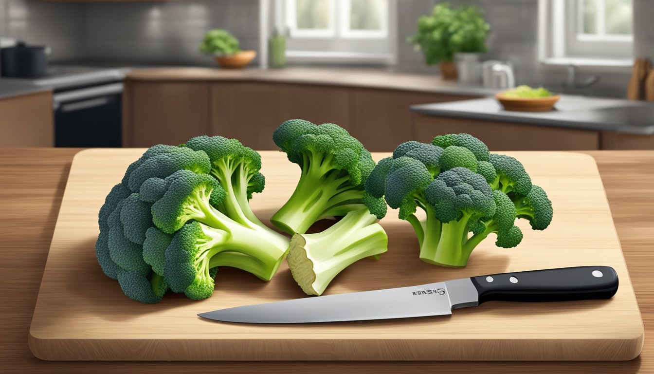 A pile of fresh broccoli arranged on a wooden cutting board with a kitchen knife beside it