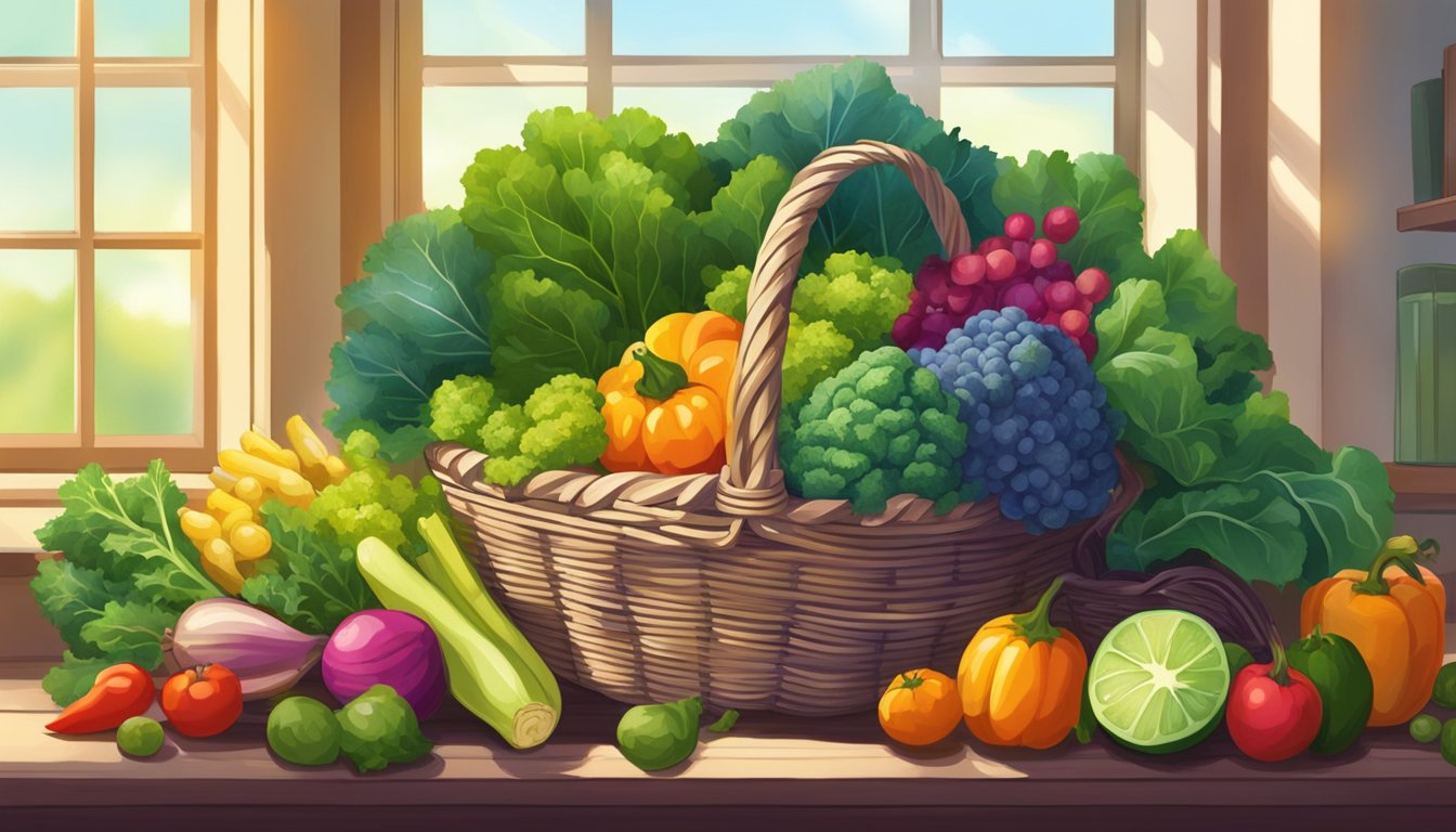 A vibrant bunch of kale leaves arranged in a basket, surrounded by various colorful vegetables and fruits. Sunlight streaming in from a window highlights the fresh produce