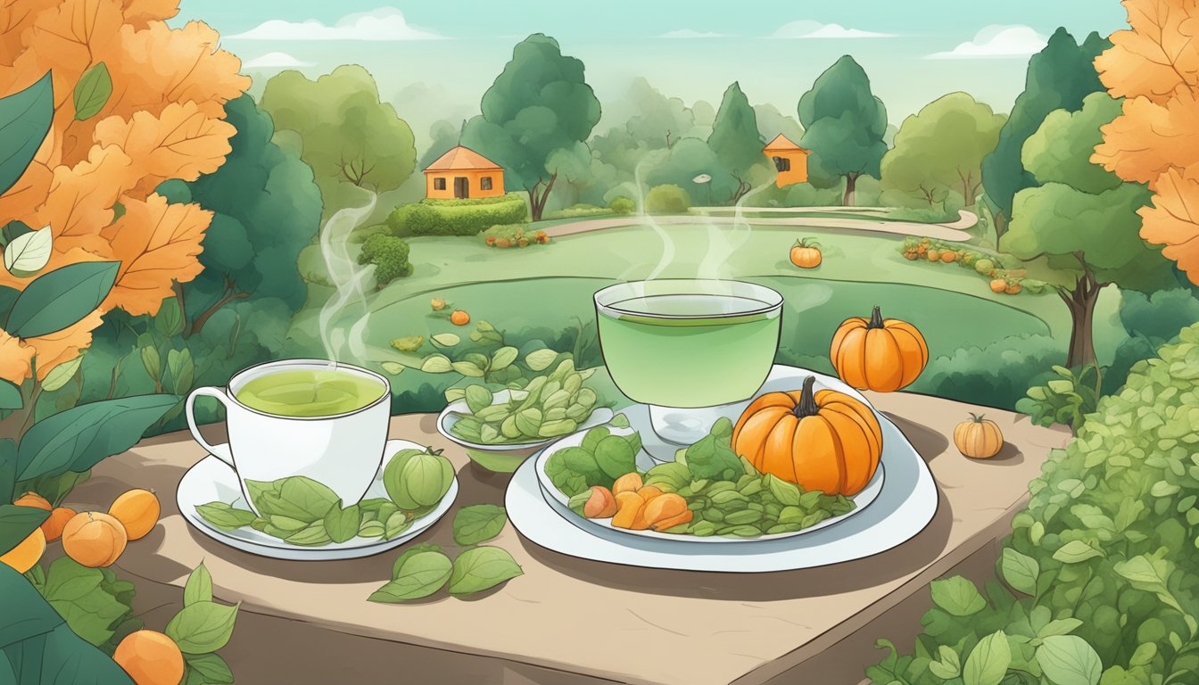 A serene garden with a steaming cup of green tea surrounded by prostate-friendly foods like pumpkin seeds and tomatoes