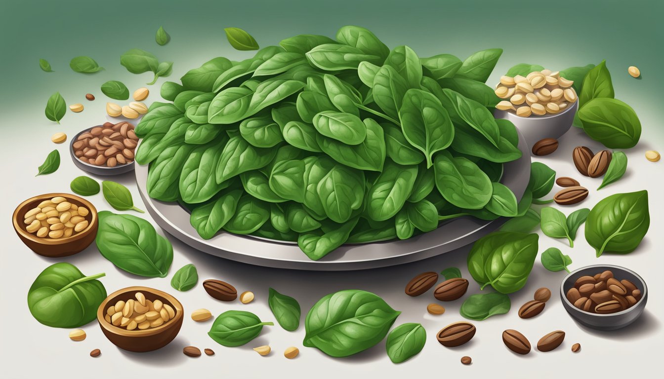 A vibrant pile of fresh spinach leaves surrounded by iron-rich foods like beans and nuts