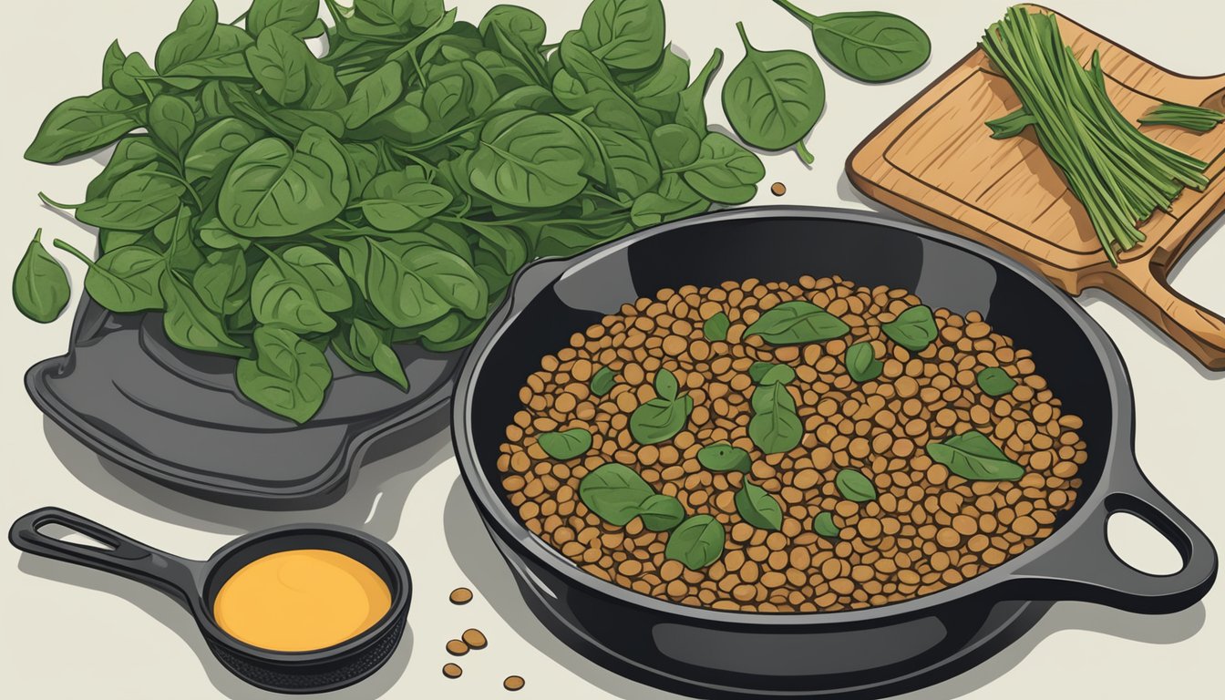 A bowl of lentils surrounded by spinach leaves and a cast iron skillet