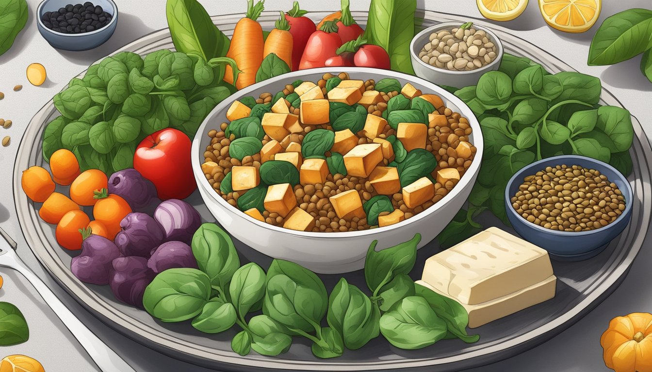 A colorful plate with tofu, spinach, and lentils, surrounded by iron-rich fruits and vegetables