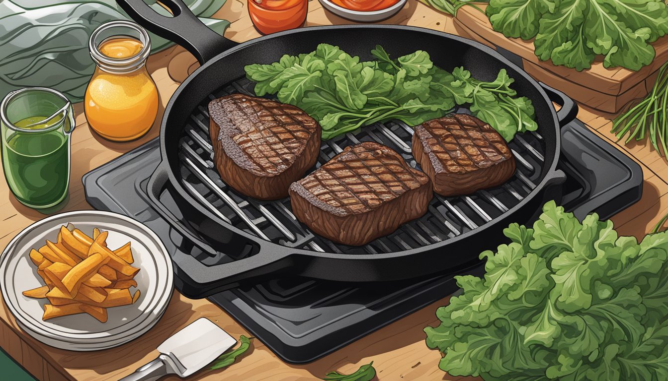 A sizzling steak on a grill, surrounded by vibrant green leafy vegetables and a cast-iron skillet