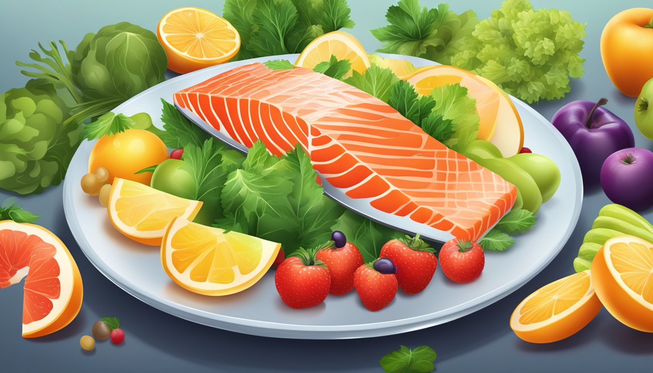 A plate of salmon fillet surrounded by colorful fruits and vegetables, with a clear and radiant skin in the background