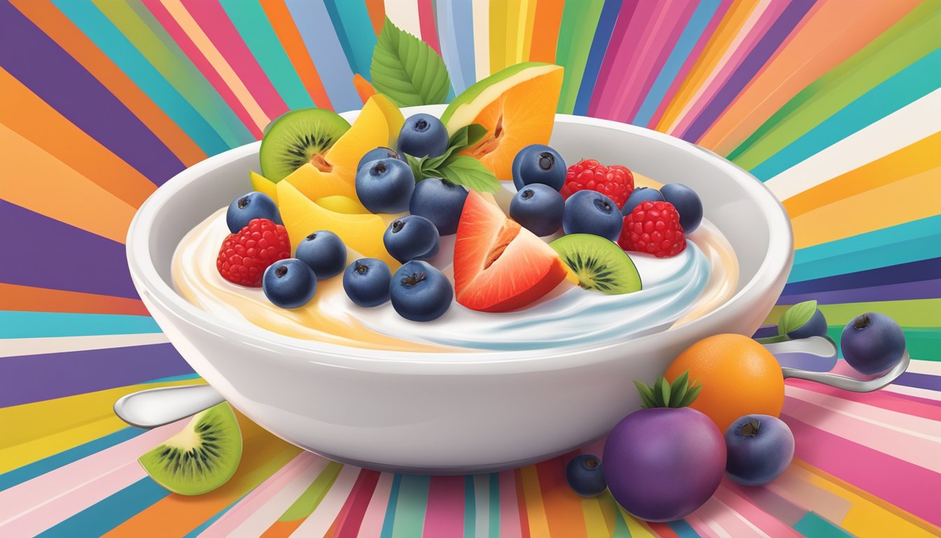 A bowl of yogurt surrounded by colorful fruits and a spoon, with vibrant swirls representing live cultures