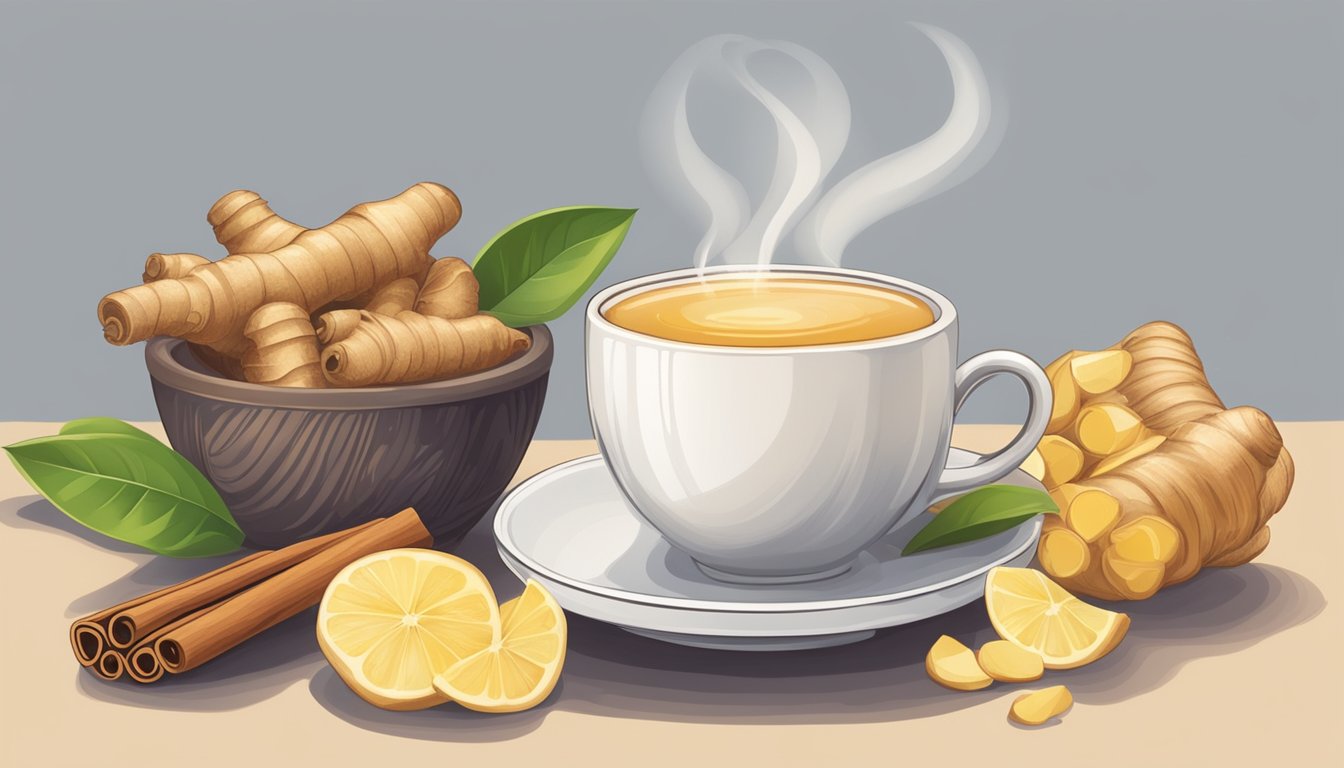 A steaming cup of ginger tea surrounded by fresh ginger root and cinnamon sticks on a wooden table