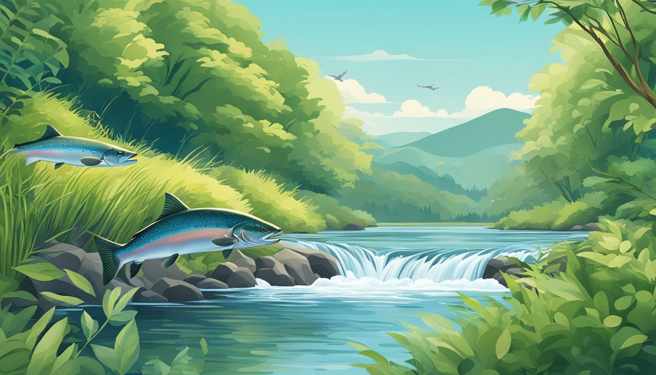 A serene river with a jumping salmon surrounded by lush greenery and a clear blue sky