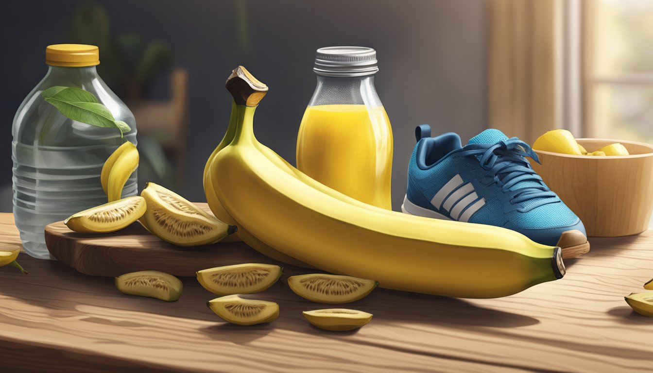 A group of ripe bananas placed on a wooden table next to a water bottle and running shoes