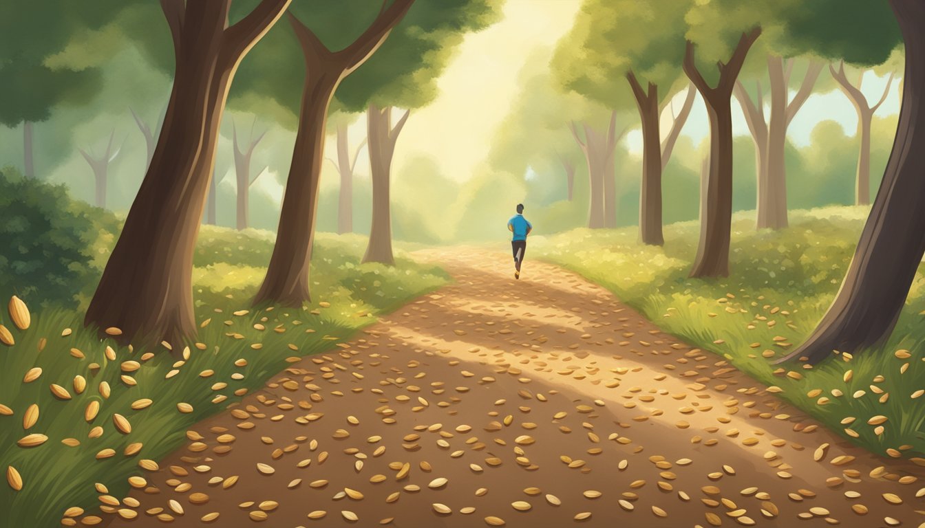 A trail of almonds leading into a forest, with a distant runner disappearing into the trees