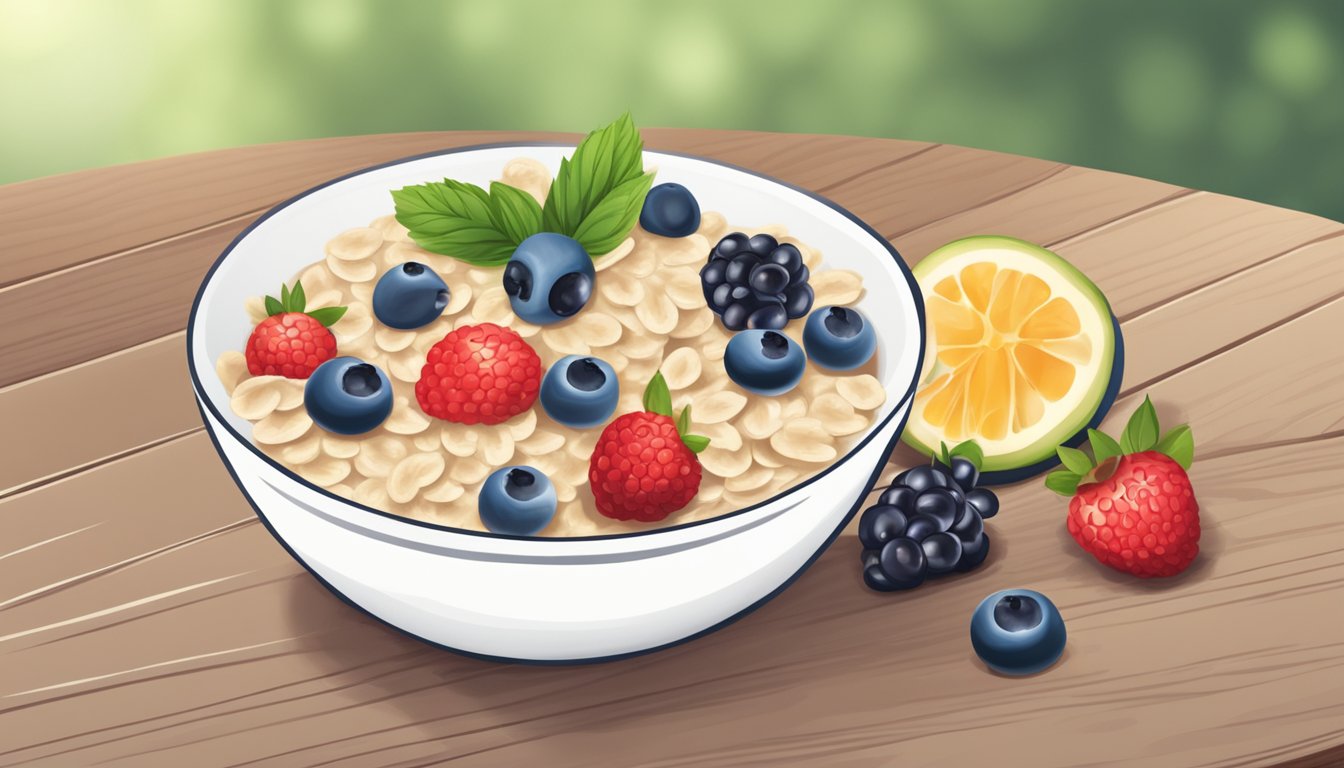 A bowl of oatmeal topped with fresh berries on a wooden table