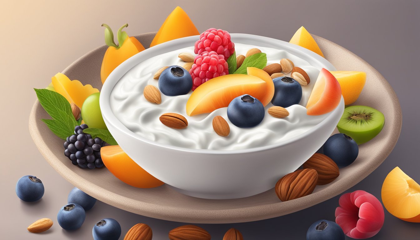 A bowl of Greek yogurt surrounded by colorful fruits and nuts, with a serene background