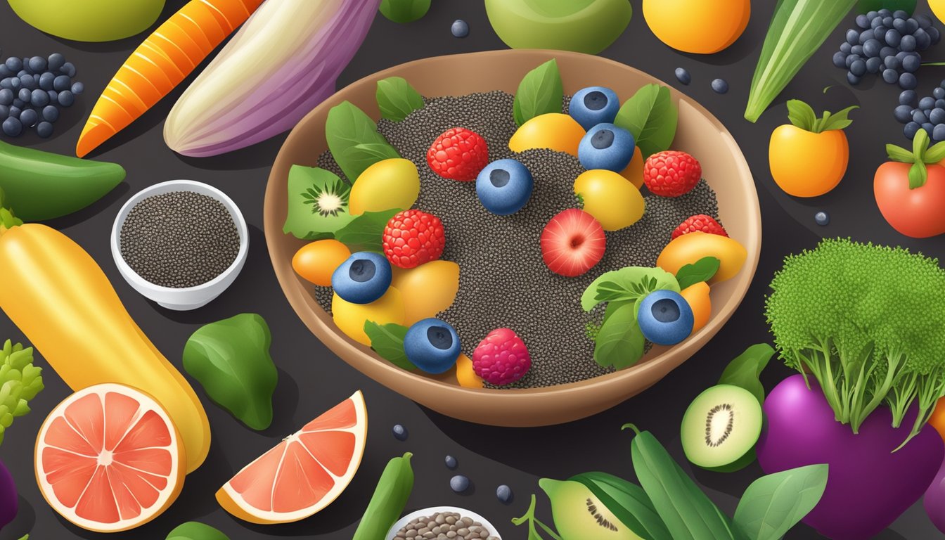 A bowl of chia seeds surrounded by colorful fruits and vegetables, with a serene and balanced atmosphere