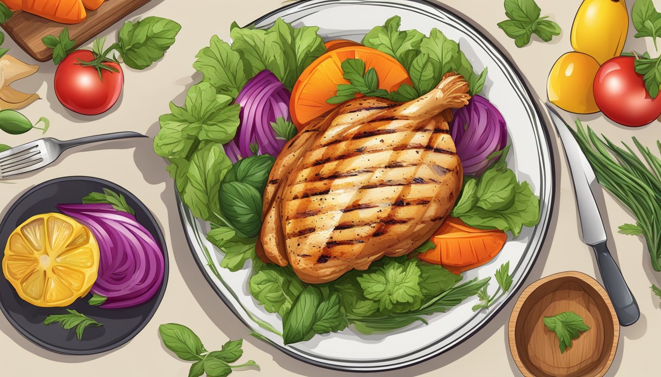 A grilled chicken breast on a plate surrounded by colorful vegetables and herbs