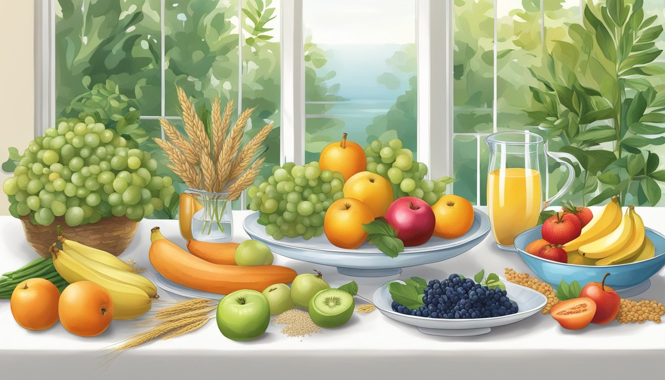 A serene table setting with a variety of colorful fruits, vegetables, and whole grains, surrounded by calming natural elements like plants and flowing water