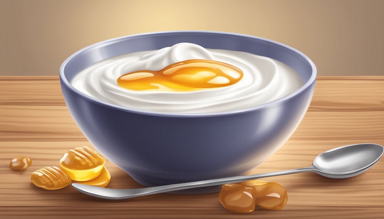 A bowl of Greek yogurt with honey and a spoon on a wooden table