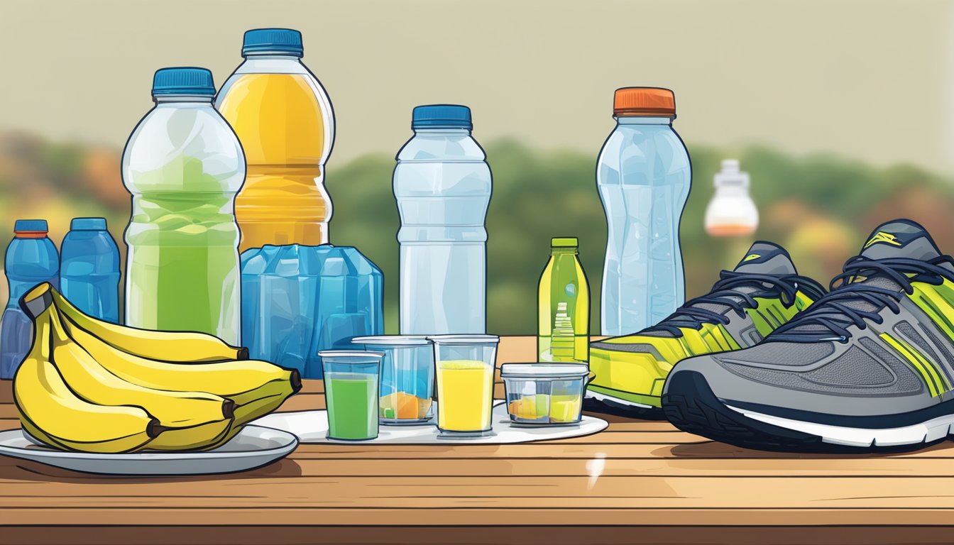 A table set with water bottles, bananas, energy gels, and sports drinks. A trail of running shoes leads to the table