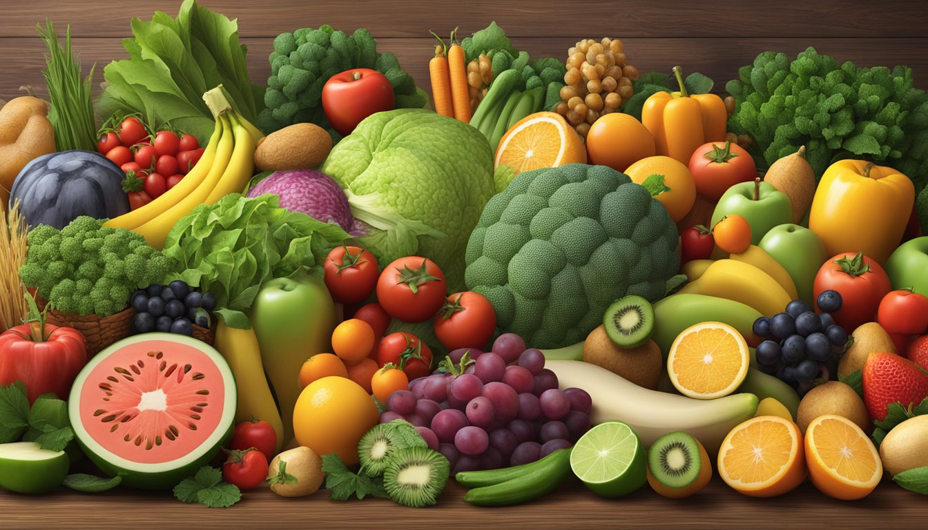 A colorful array of fresh fruits, vegetables, whole grains, and lean proteins arranged on a wooden table, surrounded by vibrant greenery