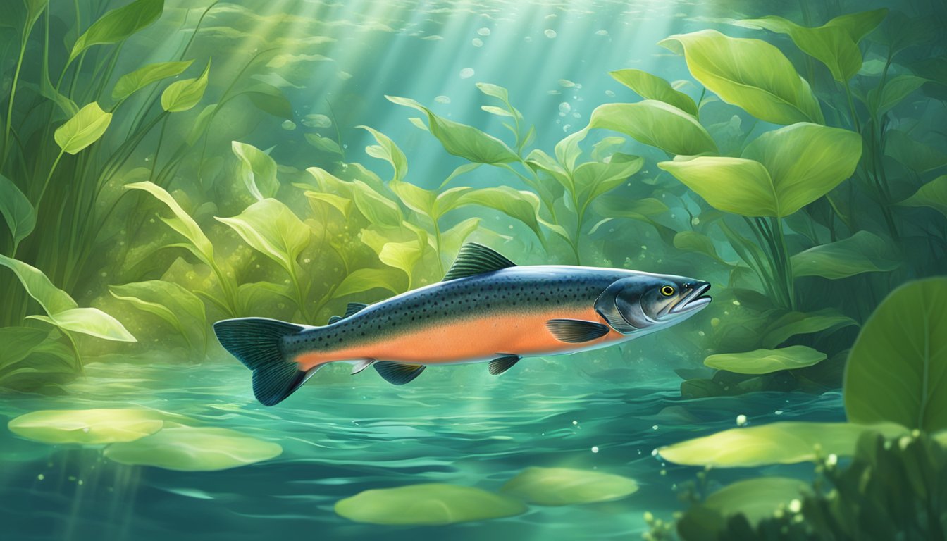 A salmon swimming in clear, cool water, surrounded by lush green aquatic plants and sunlight filtering through the surface