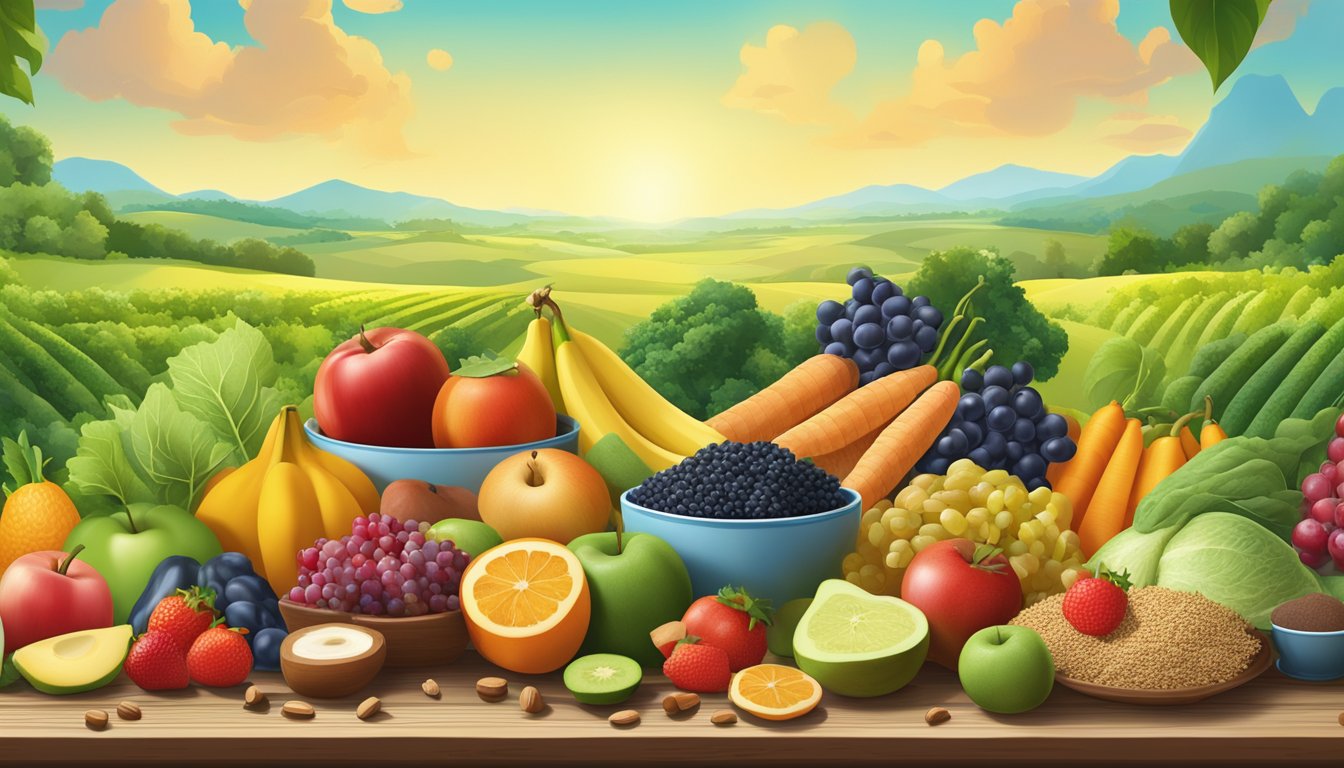 A colorful array of fruits, vegetables, whole grains, and lean proteins arranged on a wooden table against a backdrop of lush green fields and clear blue skies