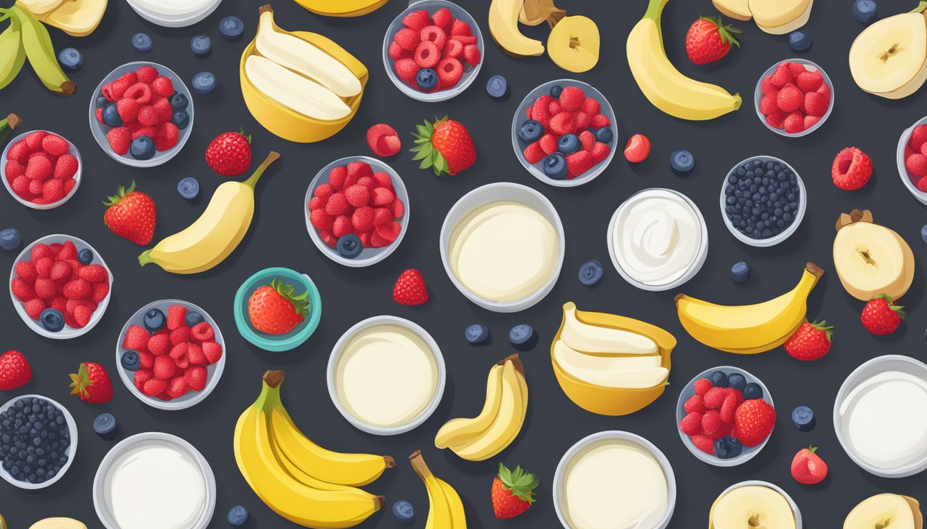 A colorful array of low-FODMAP yogurts, berries, and bananas arranged on a wooden table