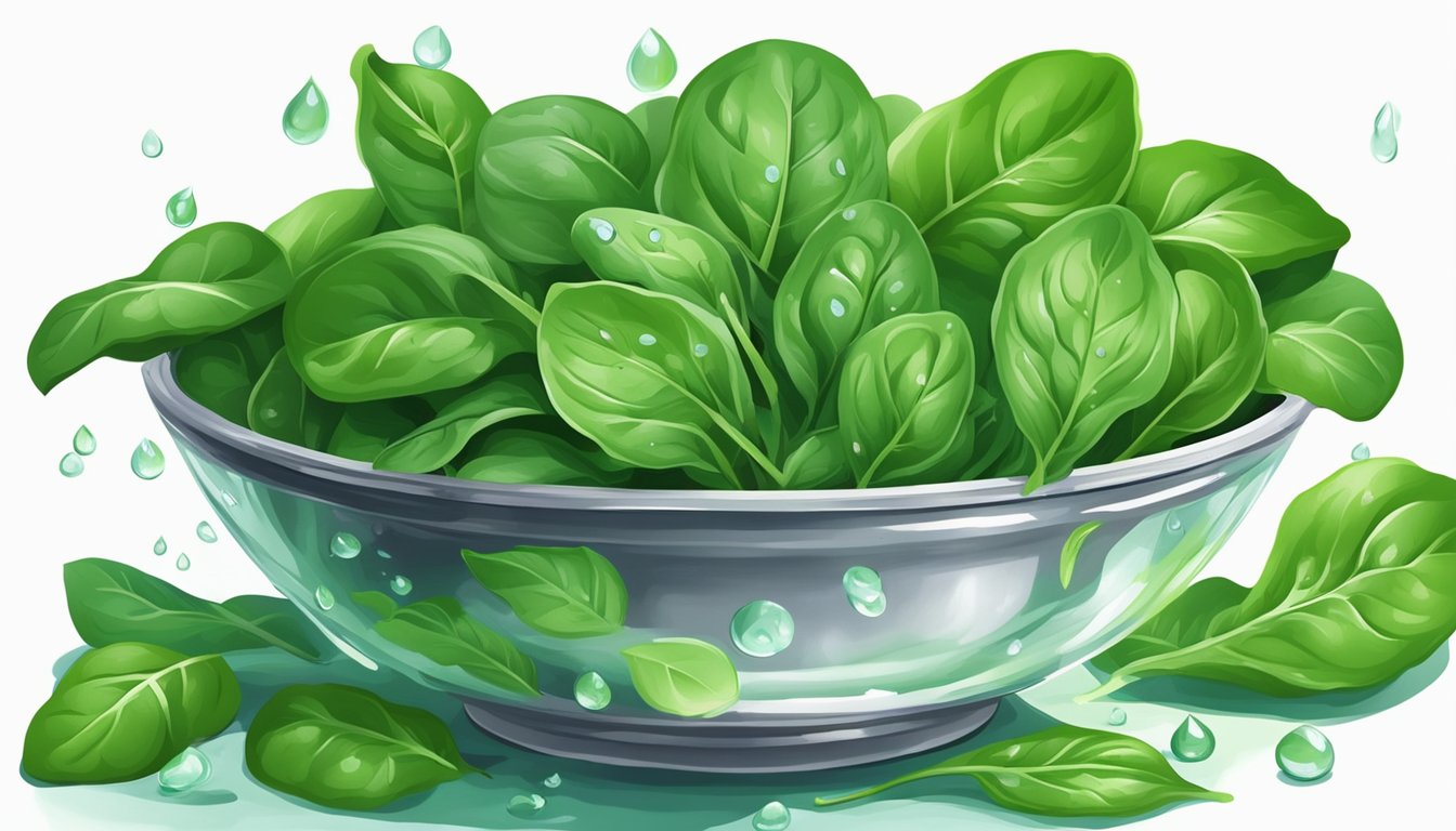 A bowl of fresh spinach surrounded by vibrant green leaves and a few drops of water