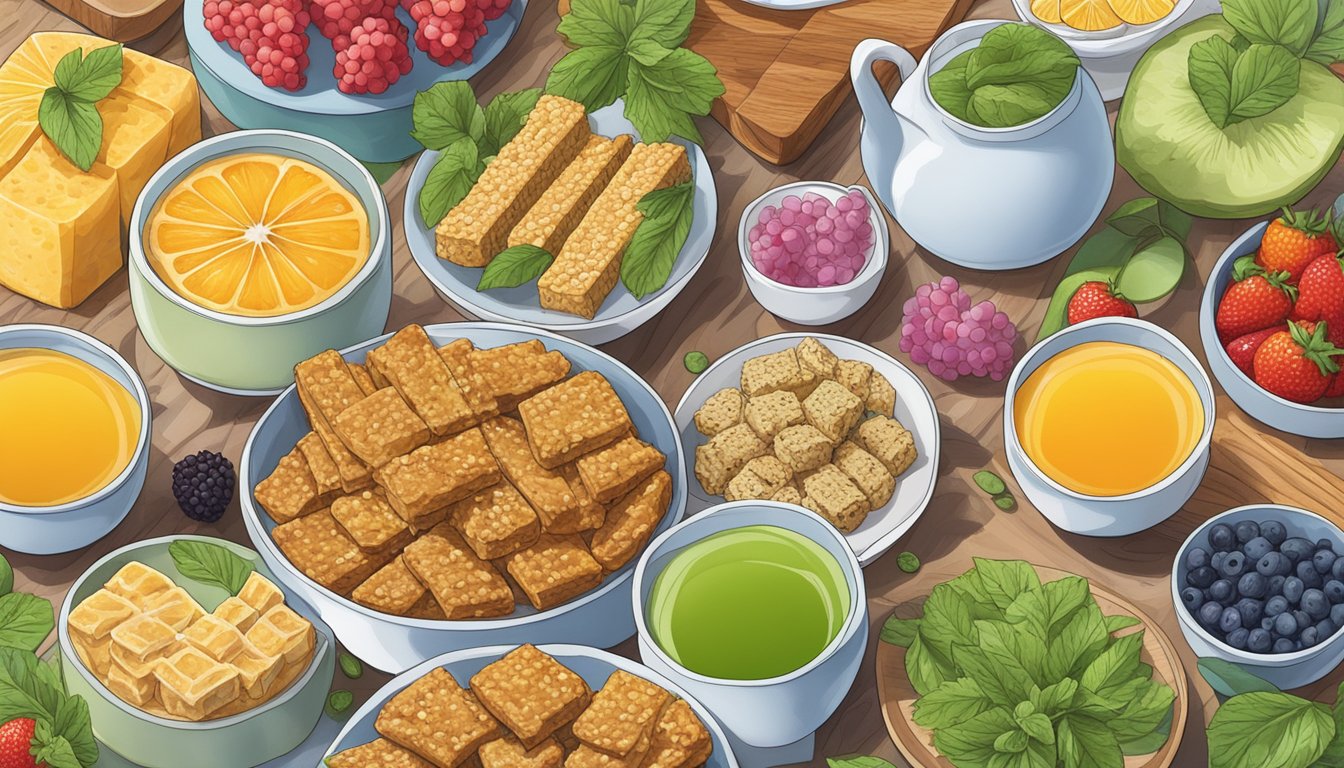 A colorful array of tempeh dishes surrounded by soothing herbal teas and fresh fruits