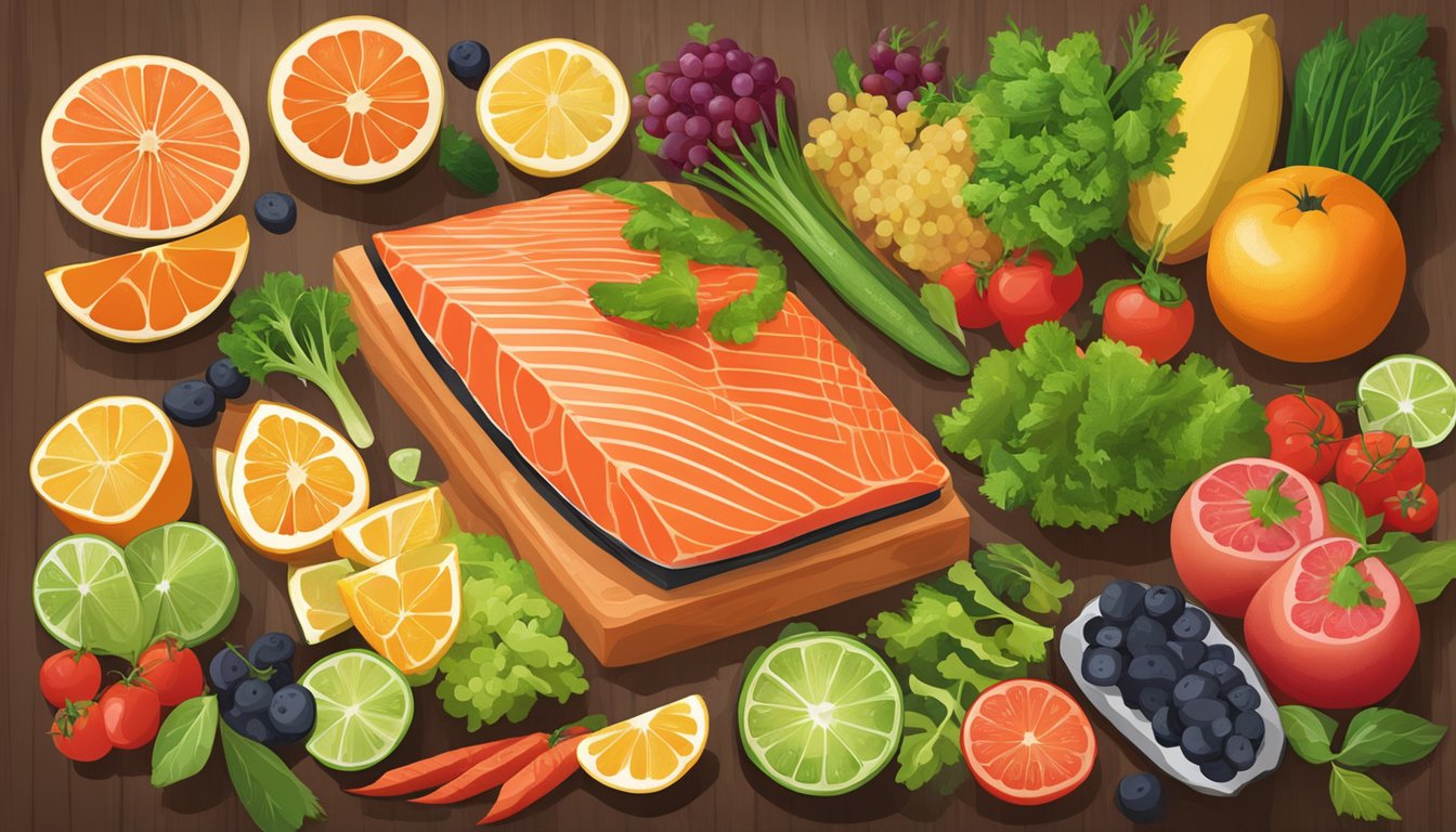 A colorful array of fresh salmon, vegetables, and fruits arranged on a table