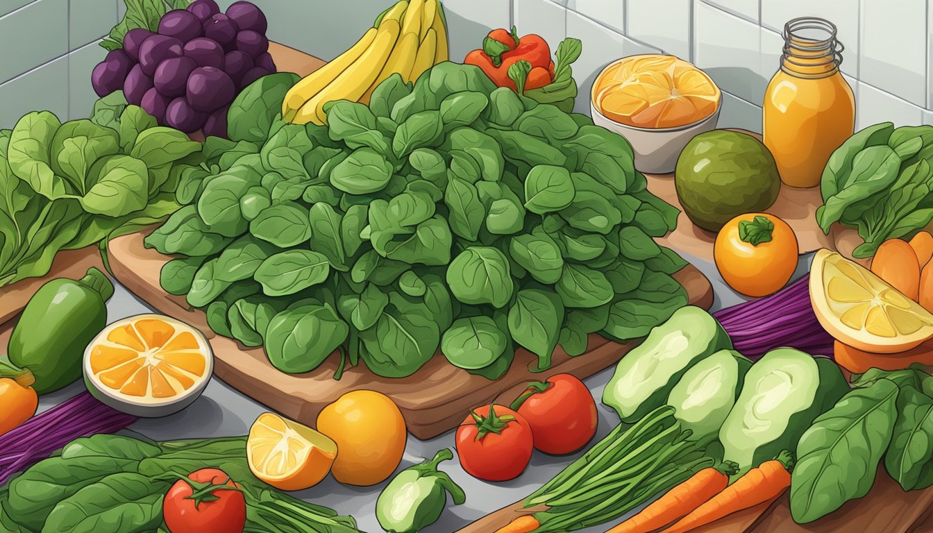 A vibrant pile of fresh spinach leaves surrounded by colorful vegetables and fruits on a kitchen counter