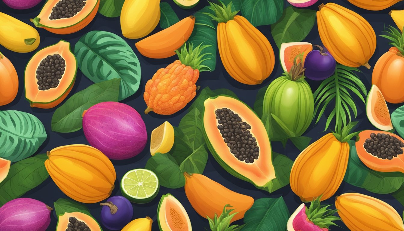 A ripe papaya surrounded by colorful tropical fruits on a wooden cutting board