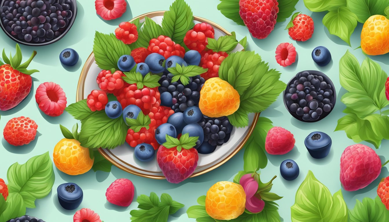 A variety of colorful berries arranged on a plate, surrounded by fresh green leaves and flowers