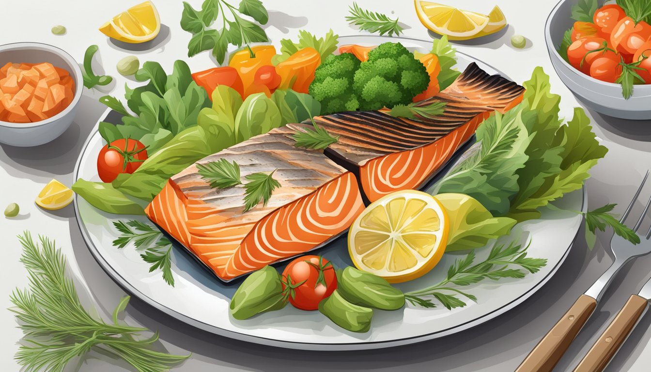 A plate of grilled salmon surrounded by colorful vegetables and herbs