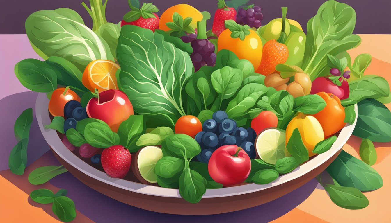 A bowl of fresh spinach surrounded by colorful fruits and vegetables, with a bright spotlight shining on it