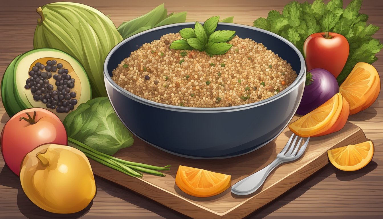 A bowl of cooked quinoa surrounded by fresh fruits and vegetables on a wooden cutting board