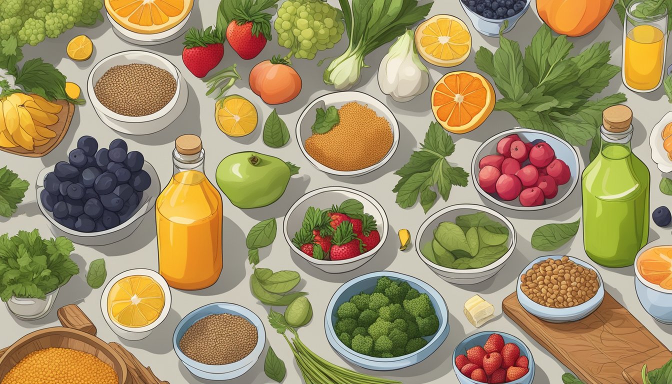 A table filled with colorful fruits, vegetables, lean proteins, and whole grains, surrounded by bottles of water and herbal teas